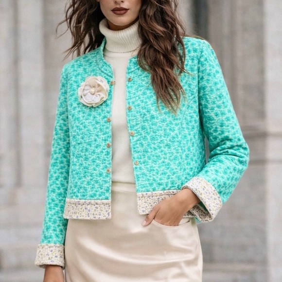 Reversible Quilted Cotton Blazer Jacket with Floral Brooch Cropped M, FBC Studio - Picture 6 of 17